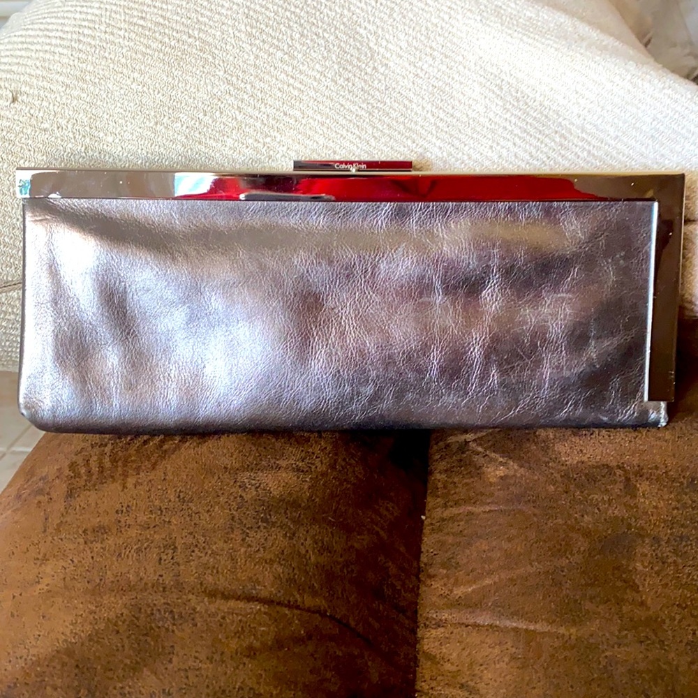 CALVIN KLEIN SILVER Clutch Bag Purse WITH CHAIN